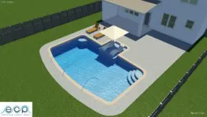 A modern backyard with a curved swimming pool and seating area under an umbrella.
