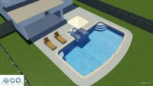 Modern backyard pool with lounge chairs and a shaded seating area.